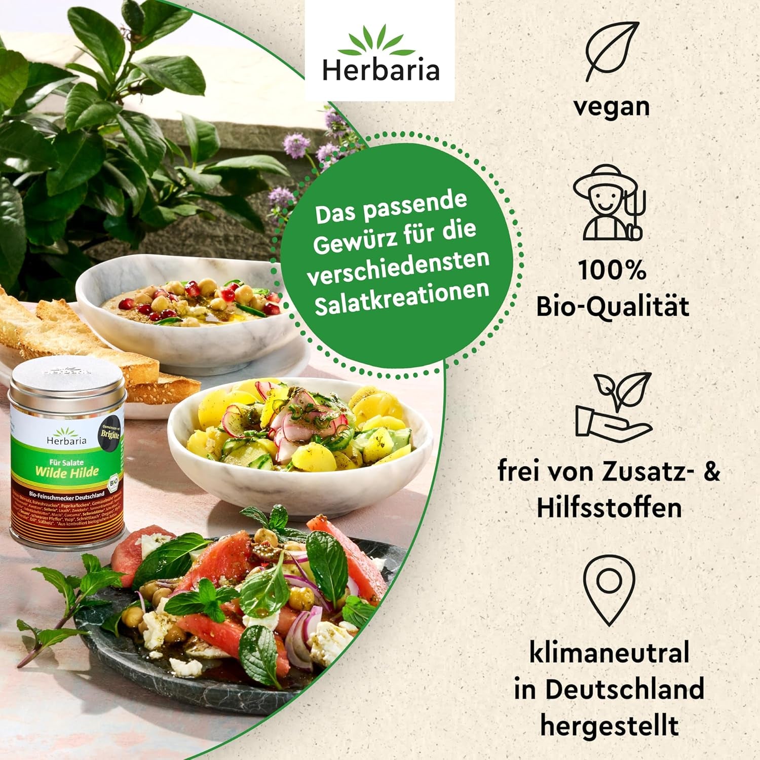 Herbaria Wilde Hilde bio 100g M-Dose- fertige Bio-Gewürzmischung - Salatgewürz für ausgefeilte Salate - mit erlesenen Zutaten - in nachhaltiger Aromaschutz-Dose