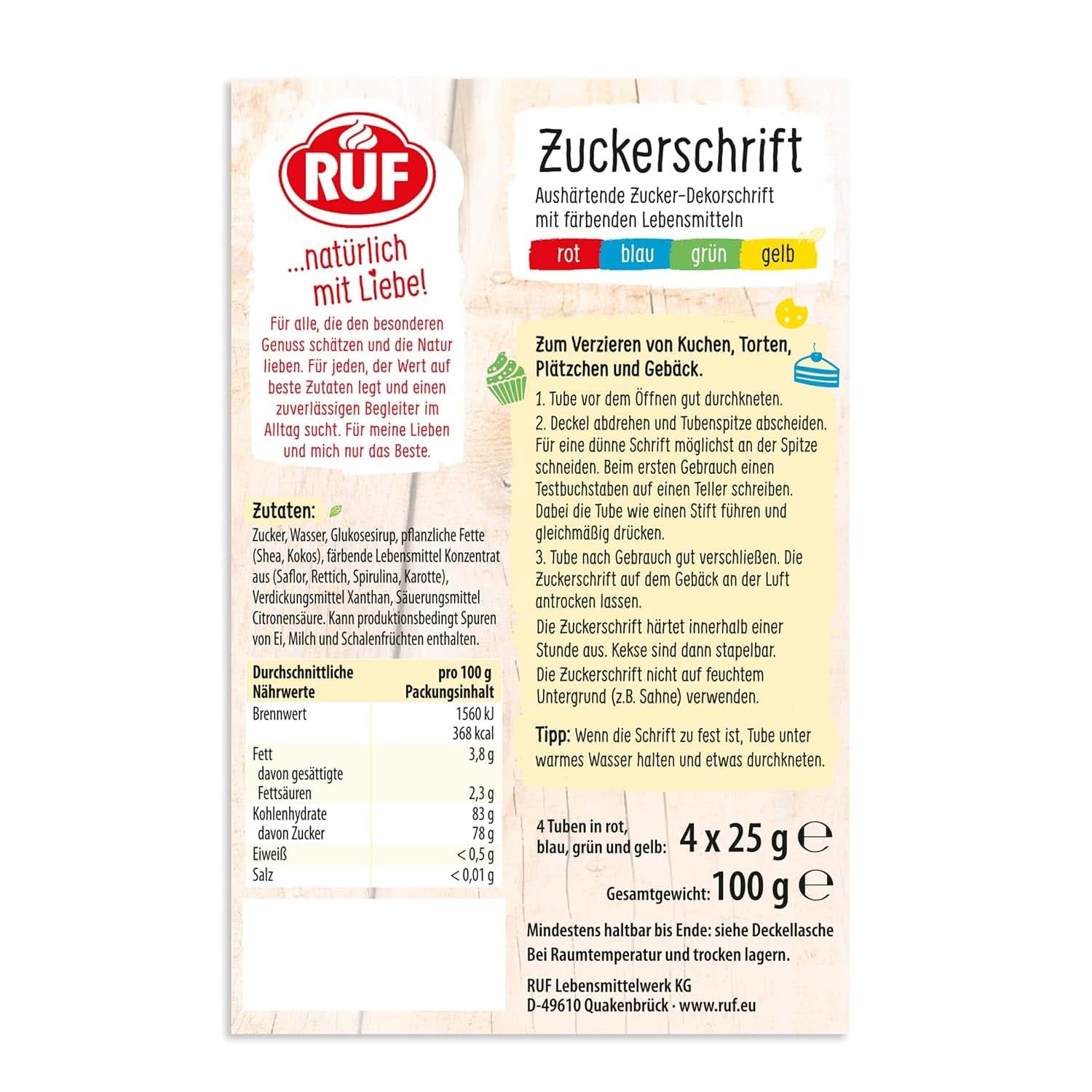 RUF, glazura pentru scris pe prajituri, biscuiti, torturi, fara gluten, vegan, 4 x 25 grame Glazuri si Decor Naty Shop