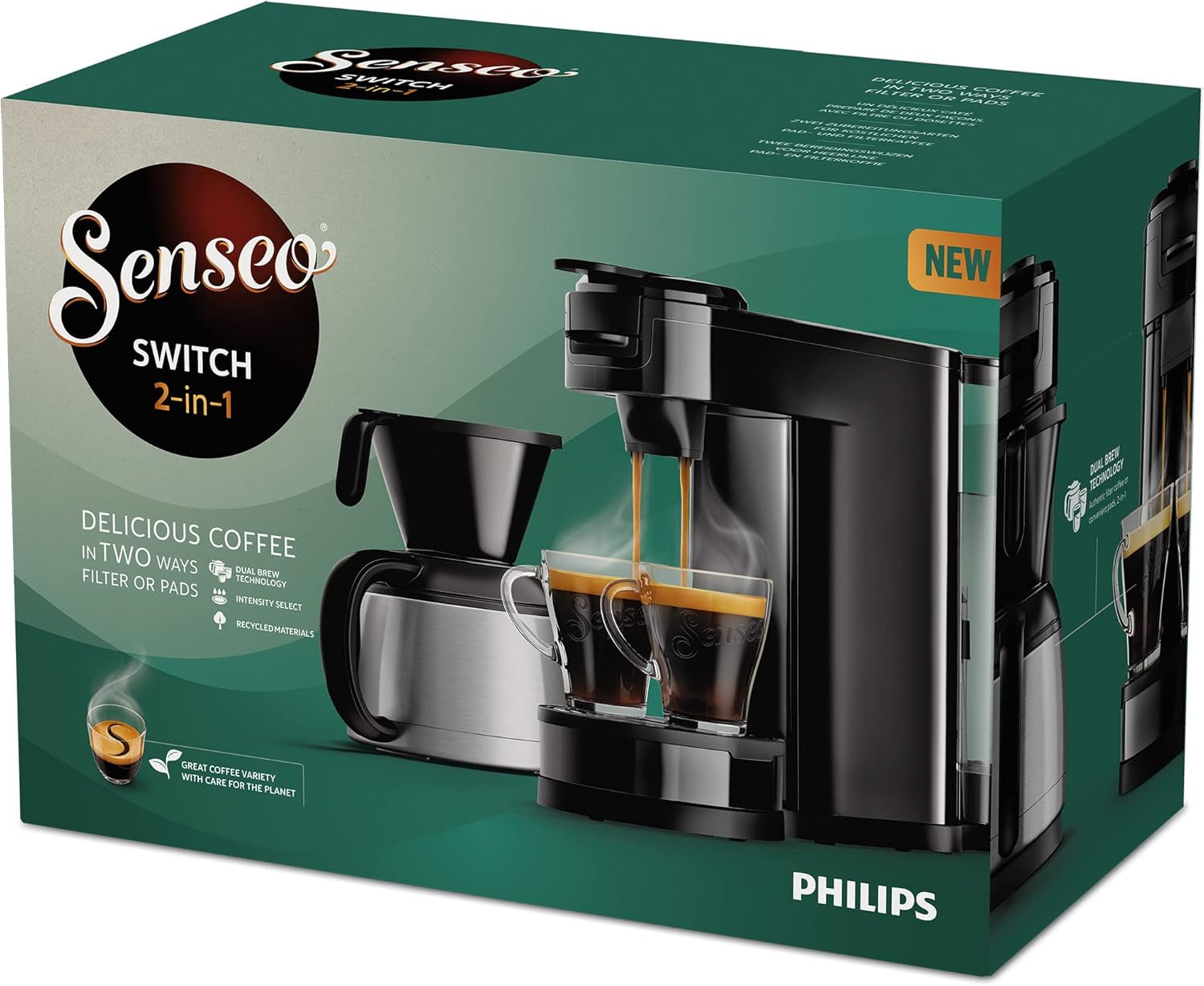 Espressor cu filtru și pad PHILIPS Senseo Switch, tehnologie de preparare 2 în 1, rezervor de apă de 1 litru, 7 căni într-o singură preparare, negru piano (HD6592/64)