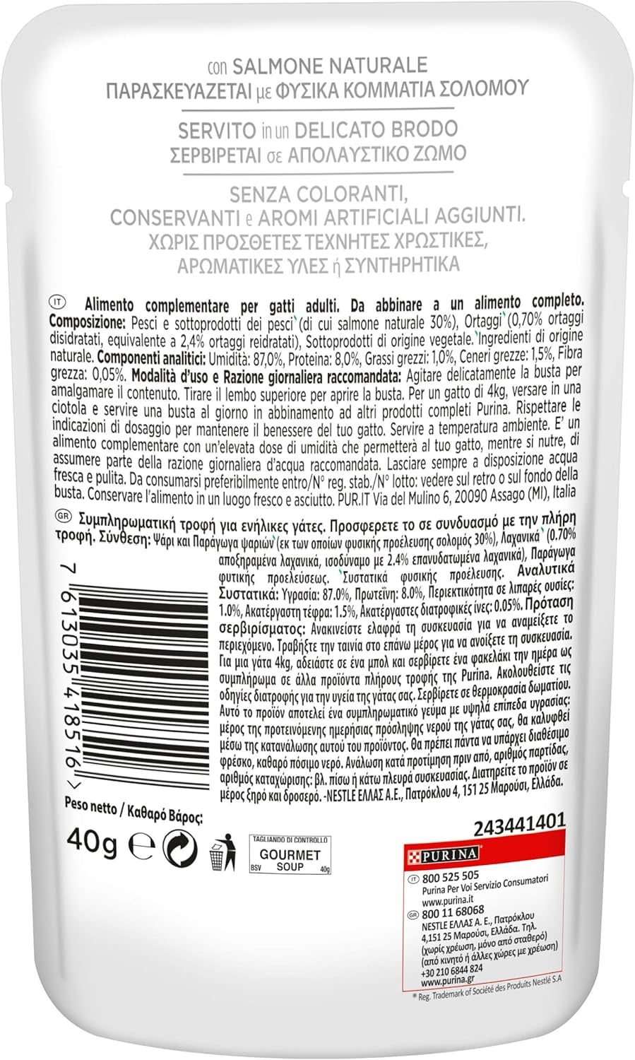 Crystal Delicate Suppenfond für die Katze, mit natürlichem Lachs, garniert mit Gemüse, 40 g, 32 Stück
