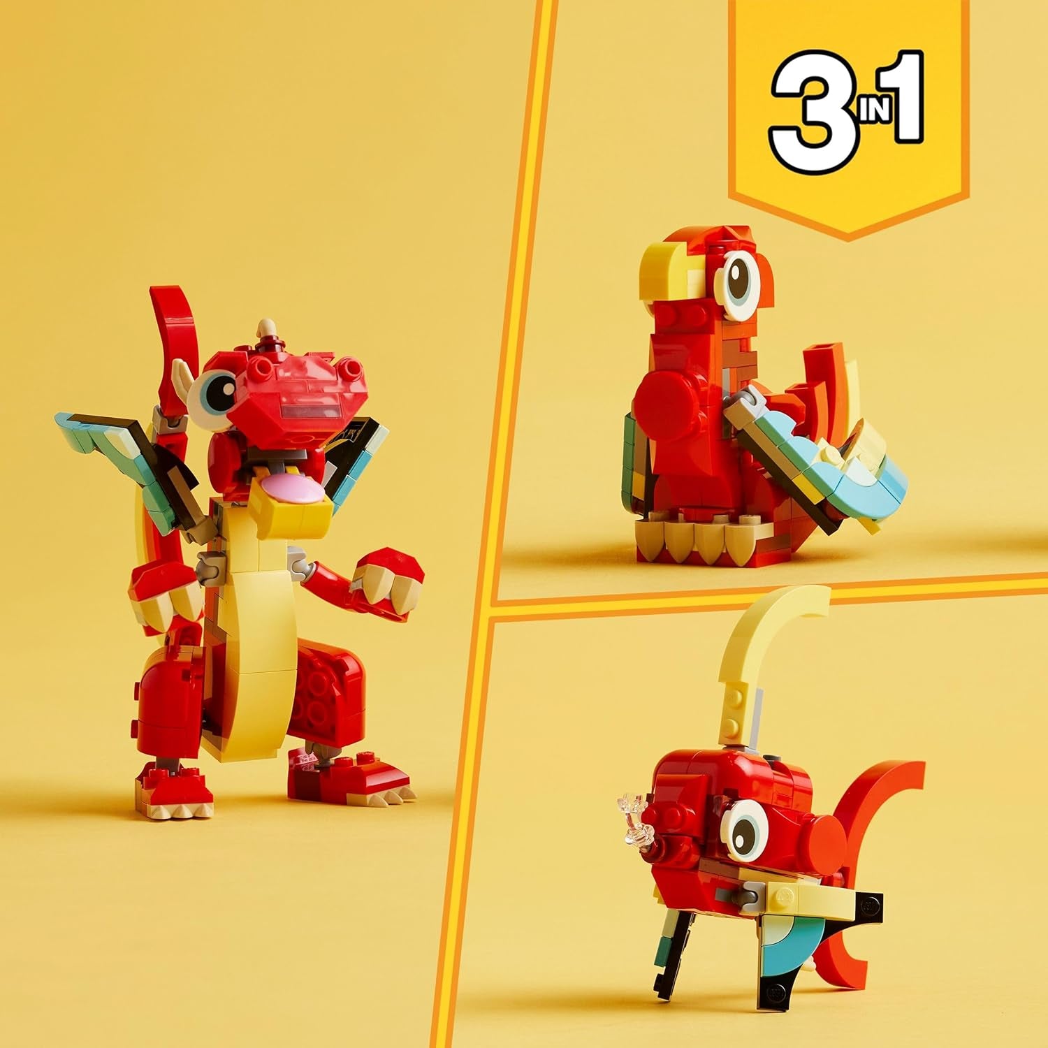 LEGO Creator 3in1 Red Dragon Toy to Fish Figure to Phoenix Bird Model, Animal Figures Set, Gifts for 6 Plus Year Old Boys, Girls and Kids 31145