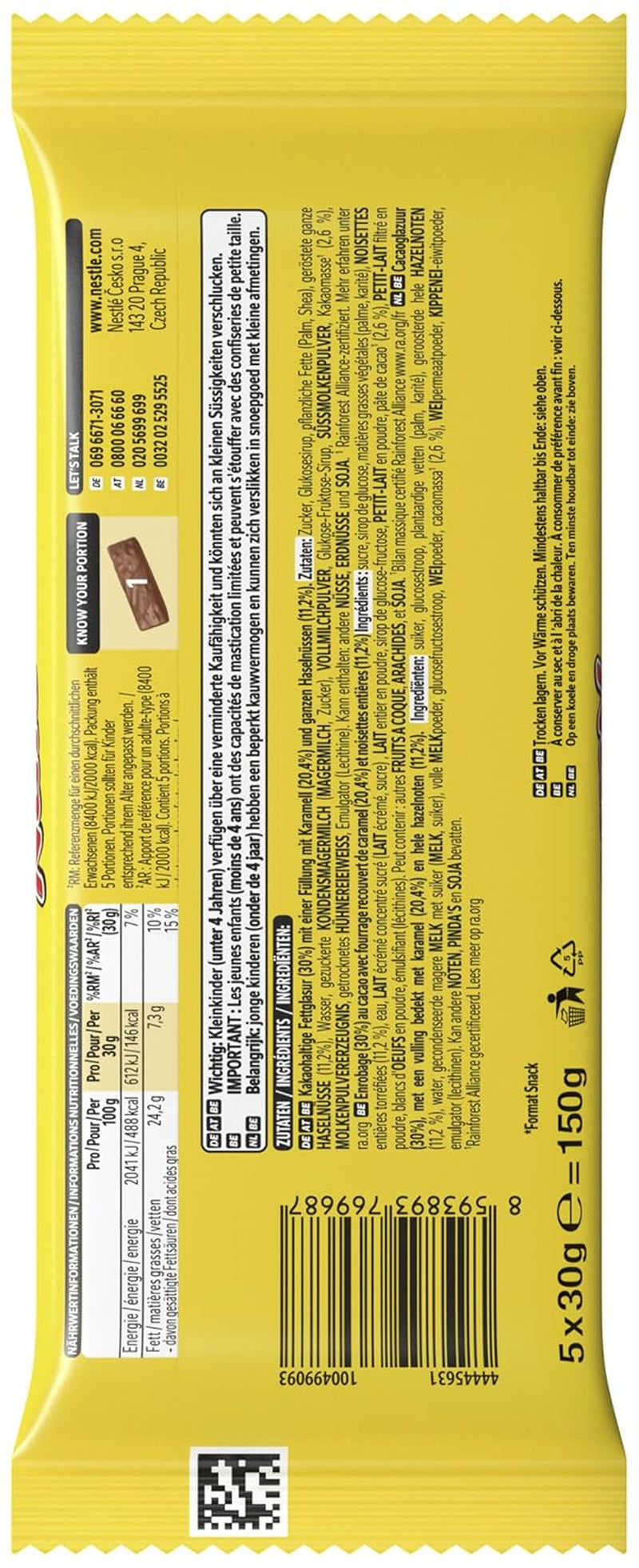 Nestlé NUTS, Batoane de ciocolată cu alune de pădure cu umplutură de caramel, alune de pădure întregi și cremă delicioasă de bomboane, acoperite cu ciocolată cu lapte, 1 pachet (5 x 30g)