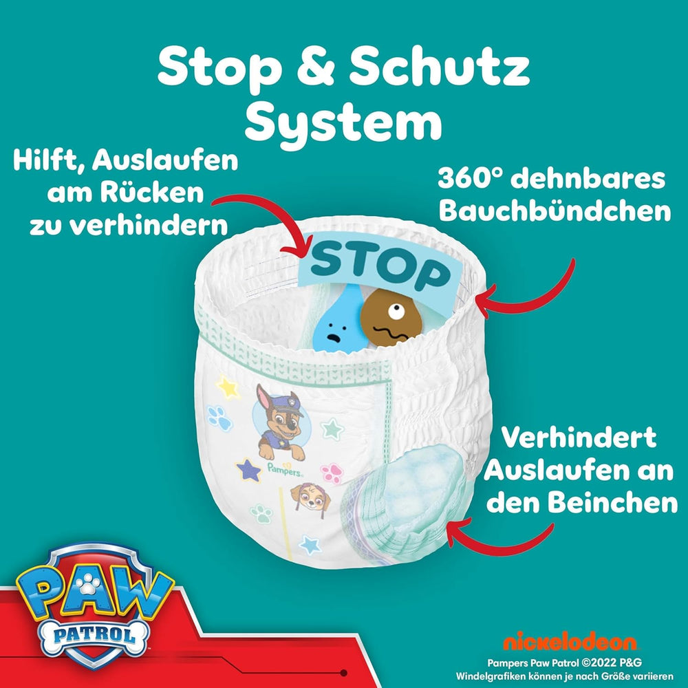 Scutece Pampers Baby-Dry Pants Ediția Patrula Cățelușilor, mărimea 5, 160 de scutece, 11 kg - 17 kg, ajustare la 360° cu sistem de oprire și protecție