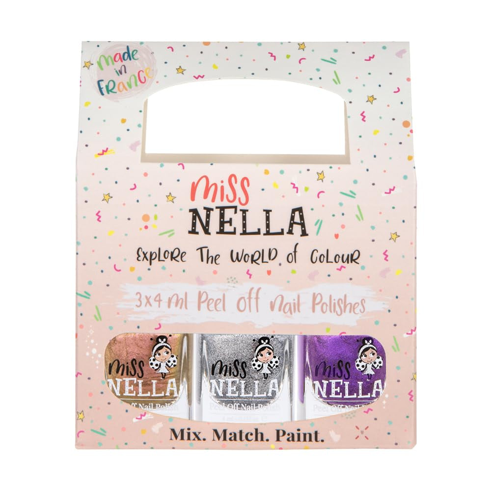 Set de ojă cu sclipici Miss Nella Magic Collection, 4 piese: roz, roșu, auriu și albastru, ojă detașabilă specială pentru copii, non-toxică, pe bază de apă și inodoră