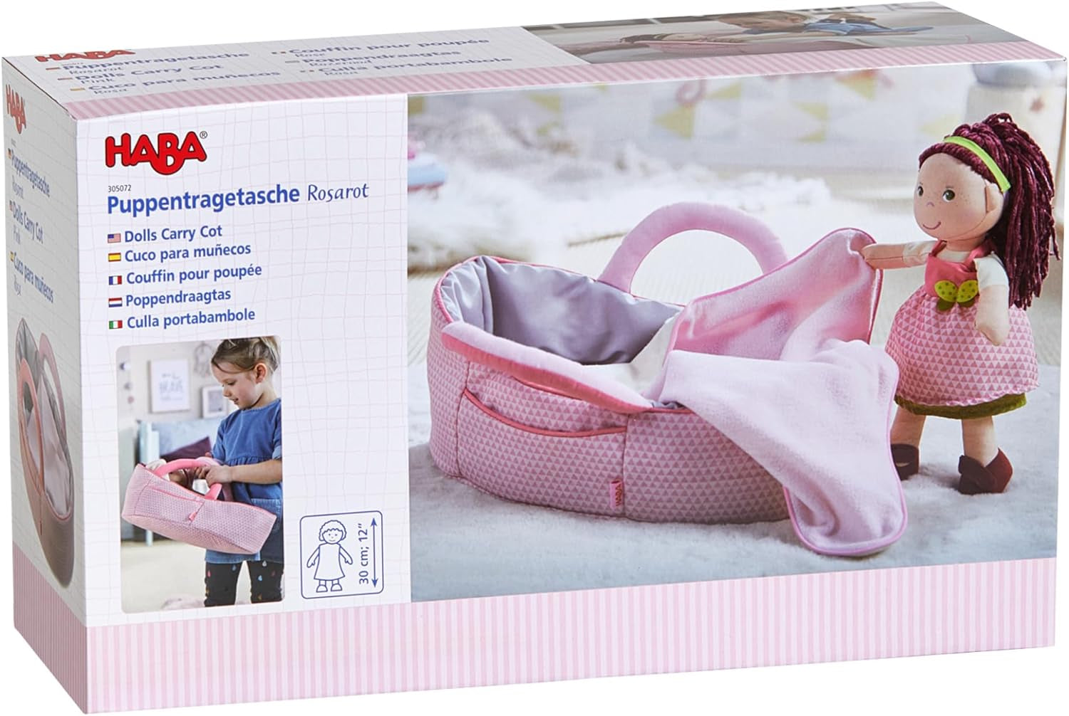 HABA Puppentragetasche Rosarot – Puppenzubehör für Babypuppen & Stoffpuppen, Tragetasche & Puppenbett mit Decke, Spielzeug ab 18 Monaten – 1305072001