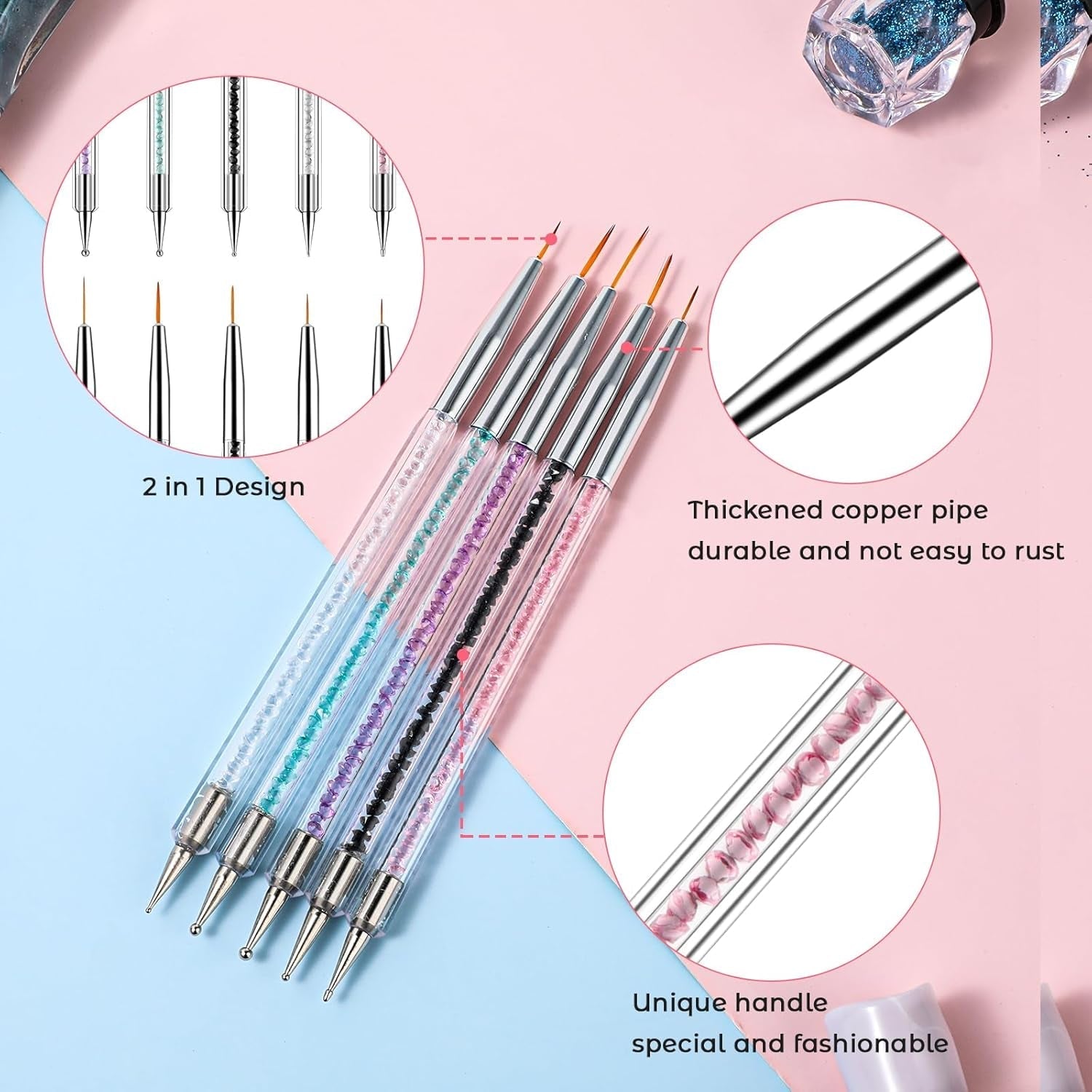 5 Stück Nail Art Pinsel Set Dotting Tool Nailart Pinsel Nageldesign Double Ended Dotting Pen Strass Professional Acryl Feinmalerei Nail Art Design