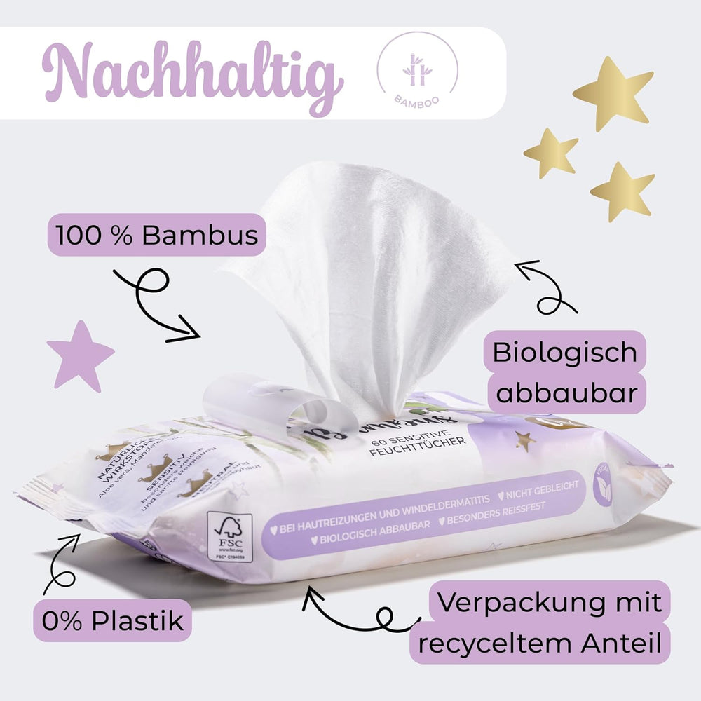 Șervețele umede Millis Bamboo Baby Sensitive pentru pielea delicată a bebelușilor – 5 x 60 bucăți – Curățare naturală, blândă și sustenabilă – Șervețele biodegradabile pentru bebeluși, fără plastic și fără alcool