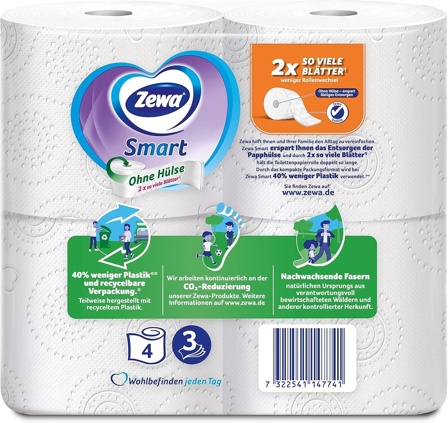 Hârtie igienică Zewa Smart fără manșon, pachet vrac cu 48 de role (6 X 8 X 300 coli)