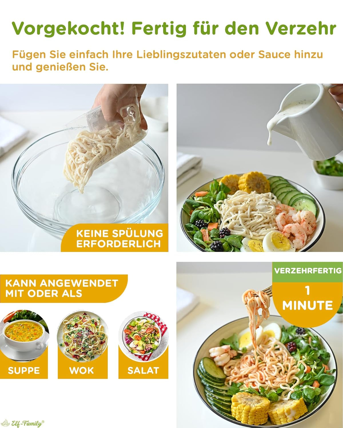 Tăiței Konjac Premium din Thailanda, Vegani, Fără Gluten - 240g x Pachet de 6 (12 pachete), Tăiței Shirataki Elf-Family, Tăiței Instant, Paste/Keto/Conținut scăzut de carbohidrați/Conținut scăzut de calorii/Fără zahăr - Spaghete și Fettuccine