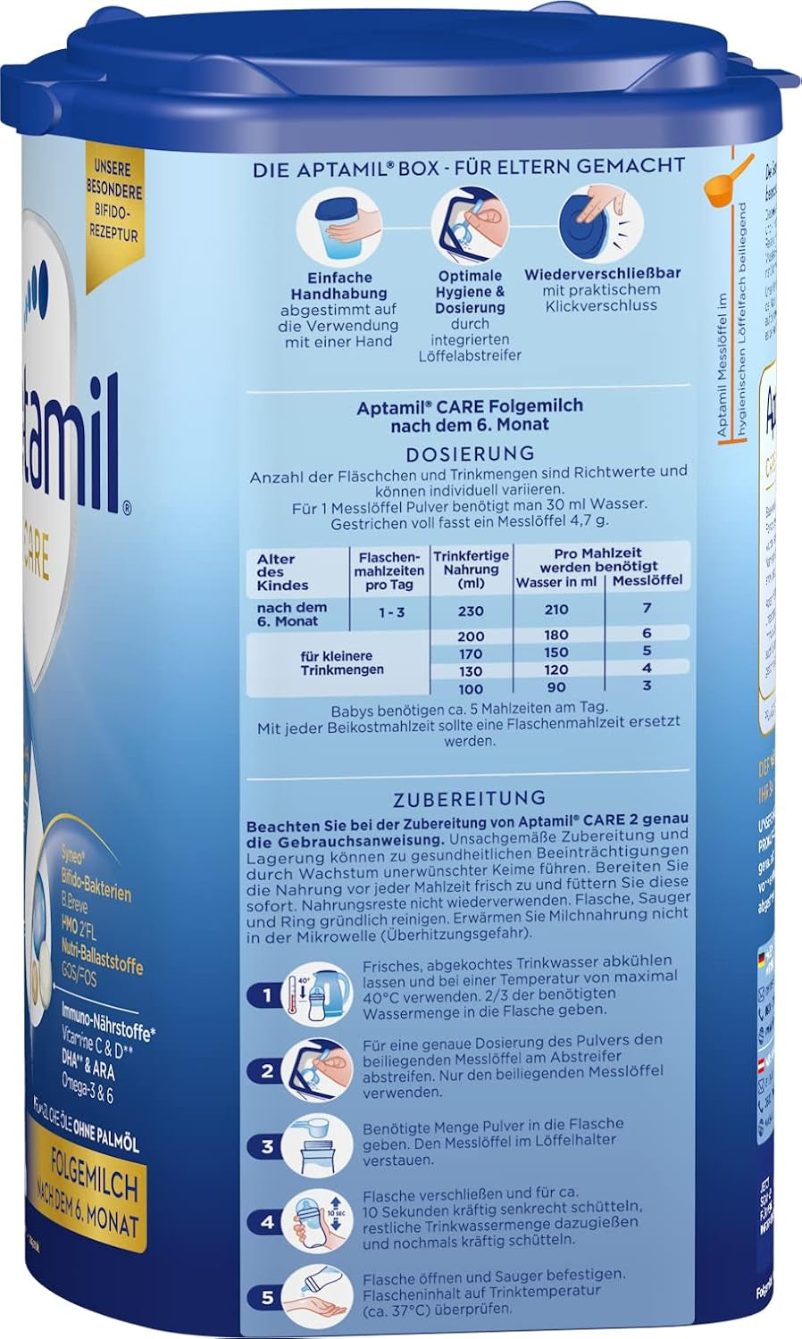 Aptamil Care 2 – Lapte de continuare după 6 luni, cu Omega 3 și 6, DHA și ARA, fără ulei de palmier, hrană pentru bebeluși, lapte praf, 1 x 800 g (pachet de 6)