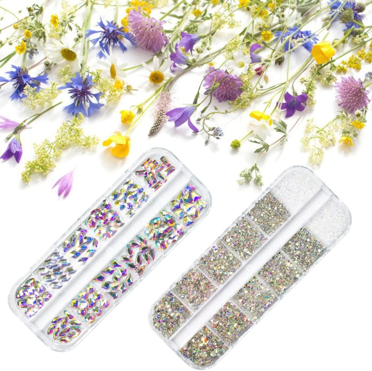 2630 buc pietre strălucitoare cristal AB pentru unghii, 120 pietre strălucitoare mari de 12 tipuri + 2510 pietre rotunde din sticlă K9 de 6 dimensiuni pentru unghii, strasuri, design de unghii, brelocuri pentru unghii pentru arta feței