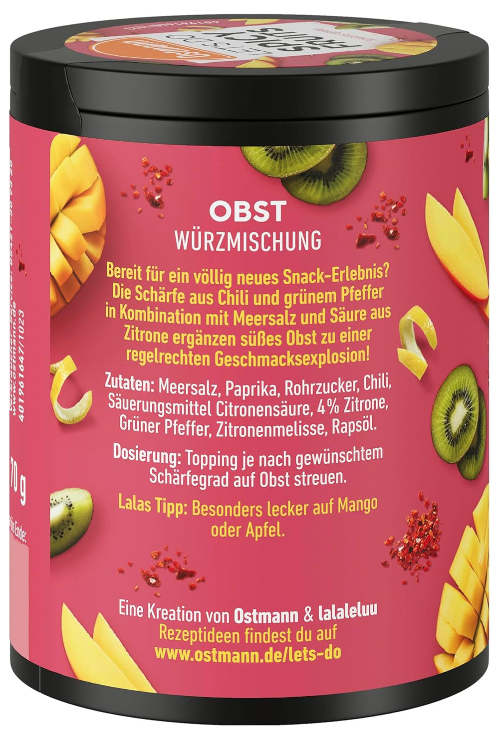 Ostmann Gewürze - Let's Do Spicy Fruits | Würzmischung für süßes Obst kreiert von Lalaleluu | scharfes Obst-Topping mit Chili und Pfeffer, lecker auf Apfel oder Mango | 70 g in recyclebarer Metalldose
