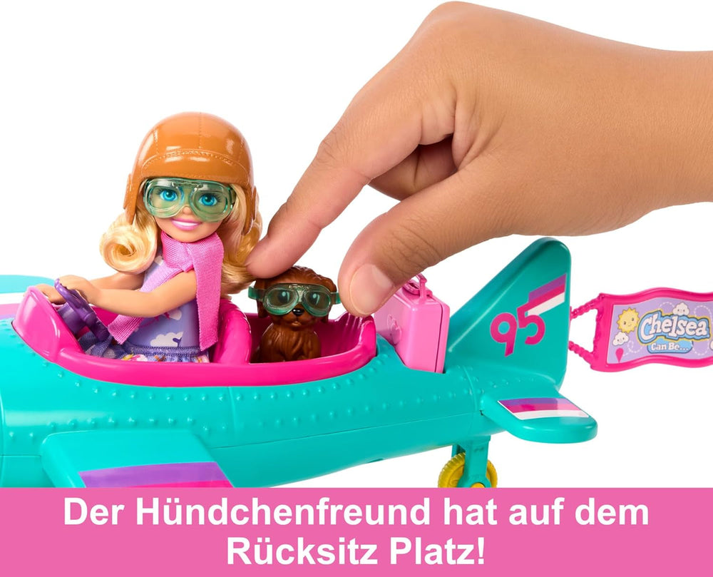 Barbie Chelsea Plane Doll And Playset - păpușă pilot, avion, mâner și accesorii pentru povești, roți de rulare și elice cu picior de floare, vârsta 3+, HTK38 Papusi Naty Shop
