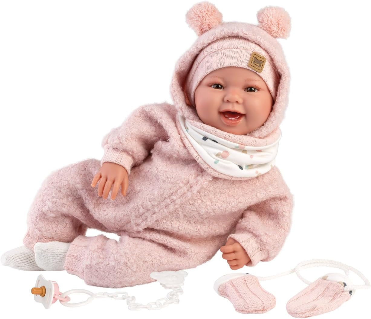 Llorens 1018480 Babypuppe Tala, mit braunen Augen und weichem Körper, Baby Puppe inkl. flauschigem rosa Winter-Outfit, Schnuller, Schnullerkette, 44 cm
