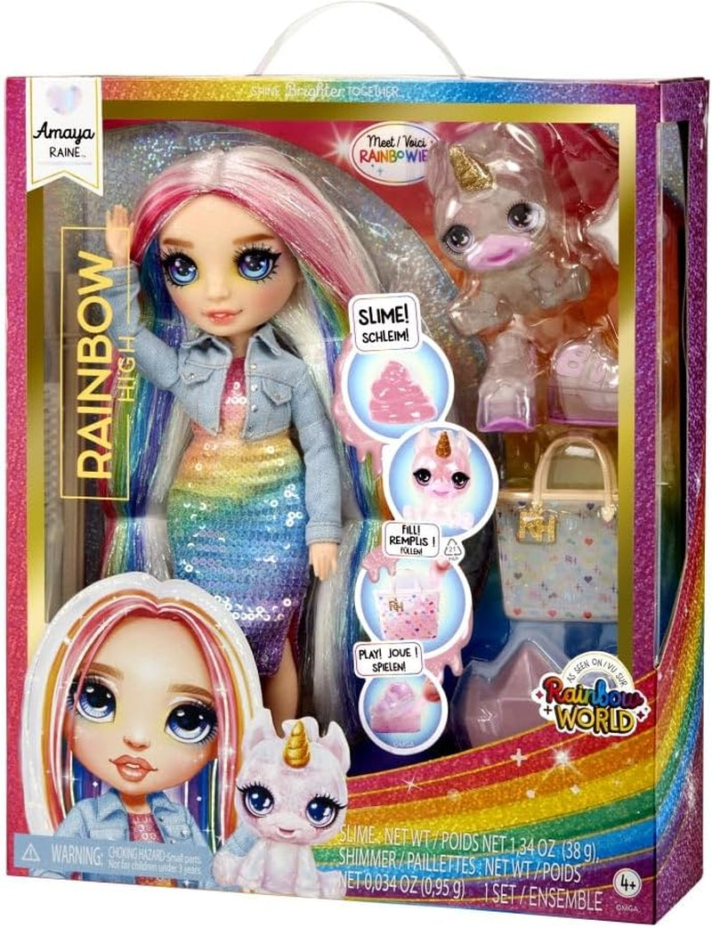 Păpușă Rainbow High Fashion cu slime și animal de companie - Amaya (Culori curcubeu) - păpușă strălucitoare de 28 cm cu slime sclipitor, animal magic și accesorii de modă - jucărie pentru copii - 4-12 ani Papusi Naty Shop