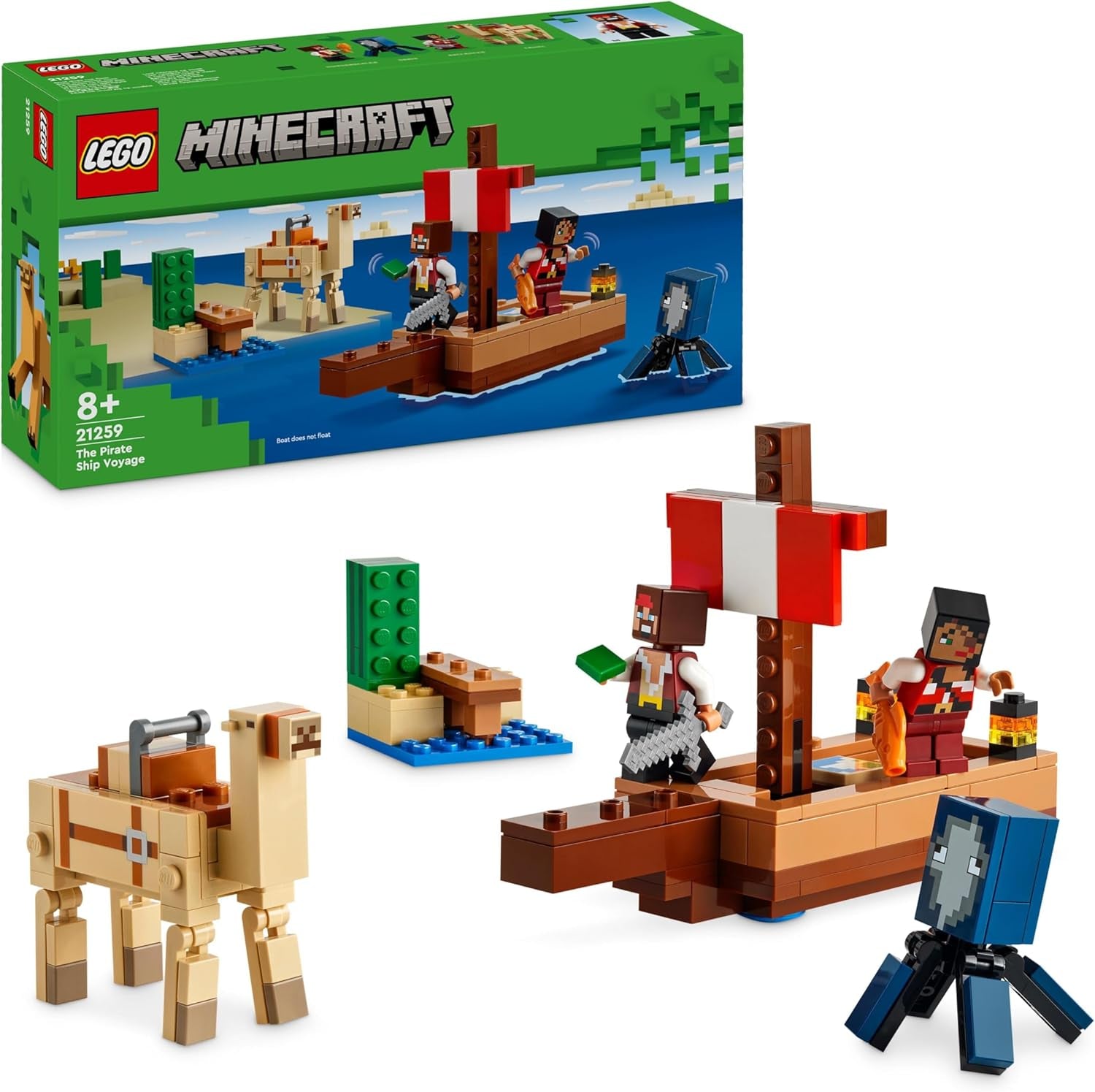 LEGO Minecraft The Pirate Ship Voyage, navă de jucărie cu figuri de pirați, calmar și cămilă, jucărie de construcție pentru jocuri de rol, cadou pentru băieți și fete de la 8 ani 21259 Seturi de constructie Besuche den LEGO-Store Titlu implicit