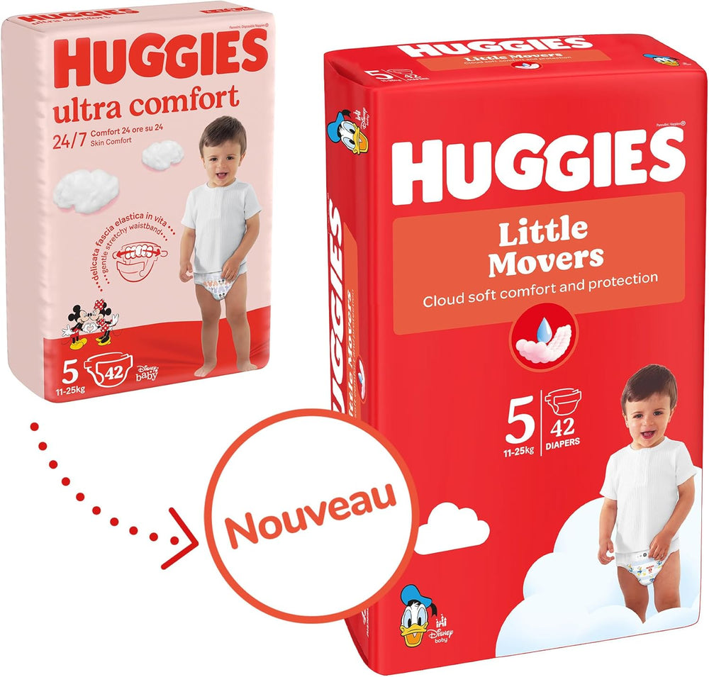 Scutece Huggies pentru bebeluși Little Movers, design Disney, mărimea 5, 126 bucăți (3 x 42), cutie lunară