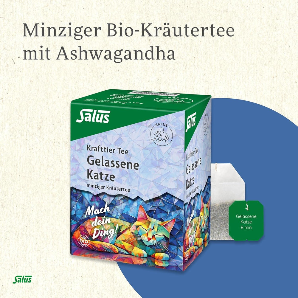Salus - Ceai Krafttier - Pisica liniștită - 1X 15 pliculețe filtru (28,5 g) - Ceai de plante mentolat cu ashwagandha - organic