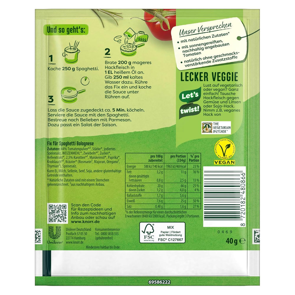 Knorr Fix Würzmischung Spaghetti Bolognese für ein leckeres Nudelgericht mit natürlichen Zutaten 40 g