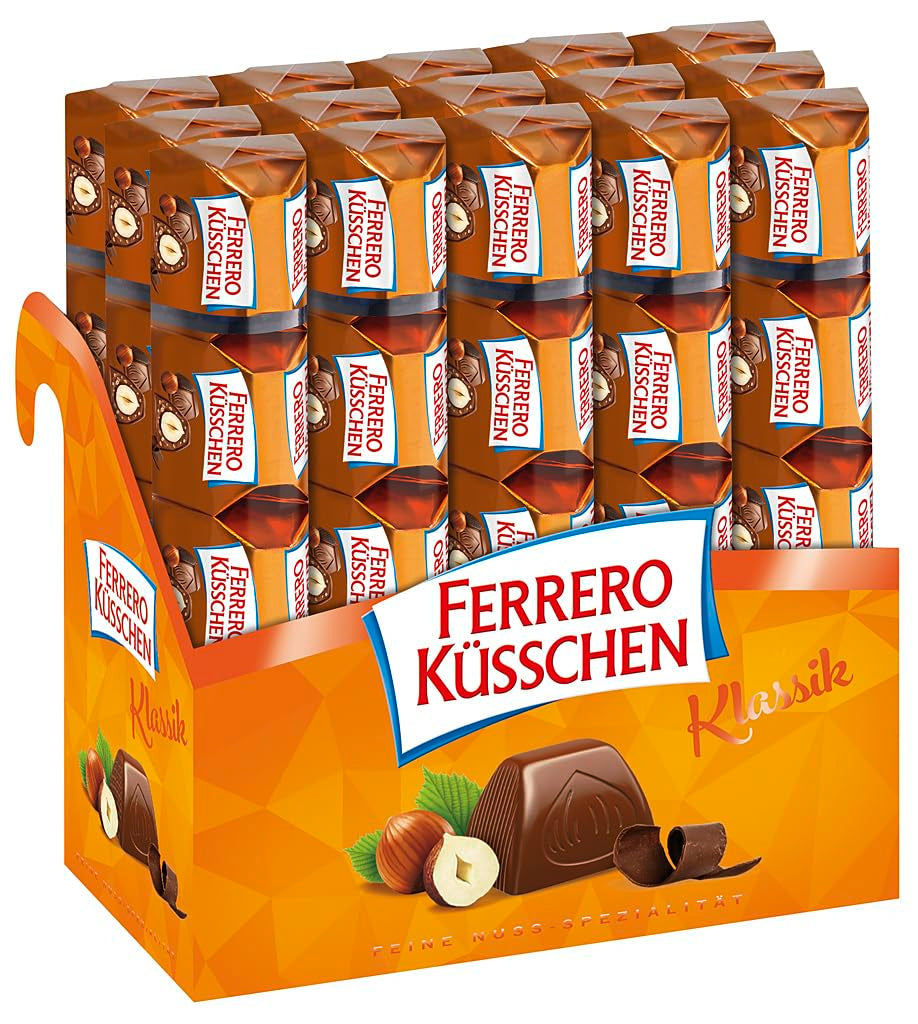 Ferrero Küsschen White Crispy – Cadou de Ziua Îndrăgostiților pentru el și ea – Alune prăjite crocante în cremă ușoară cu chipsuri crocante, acoperite cu ciocolată albă, 1 pachet de 20 de praline individuale