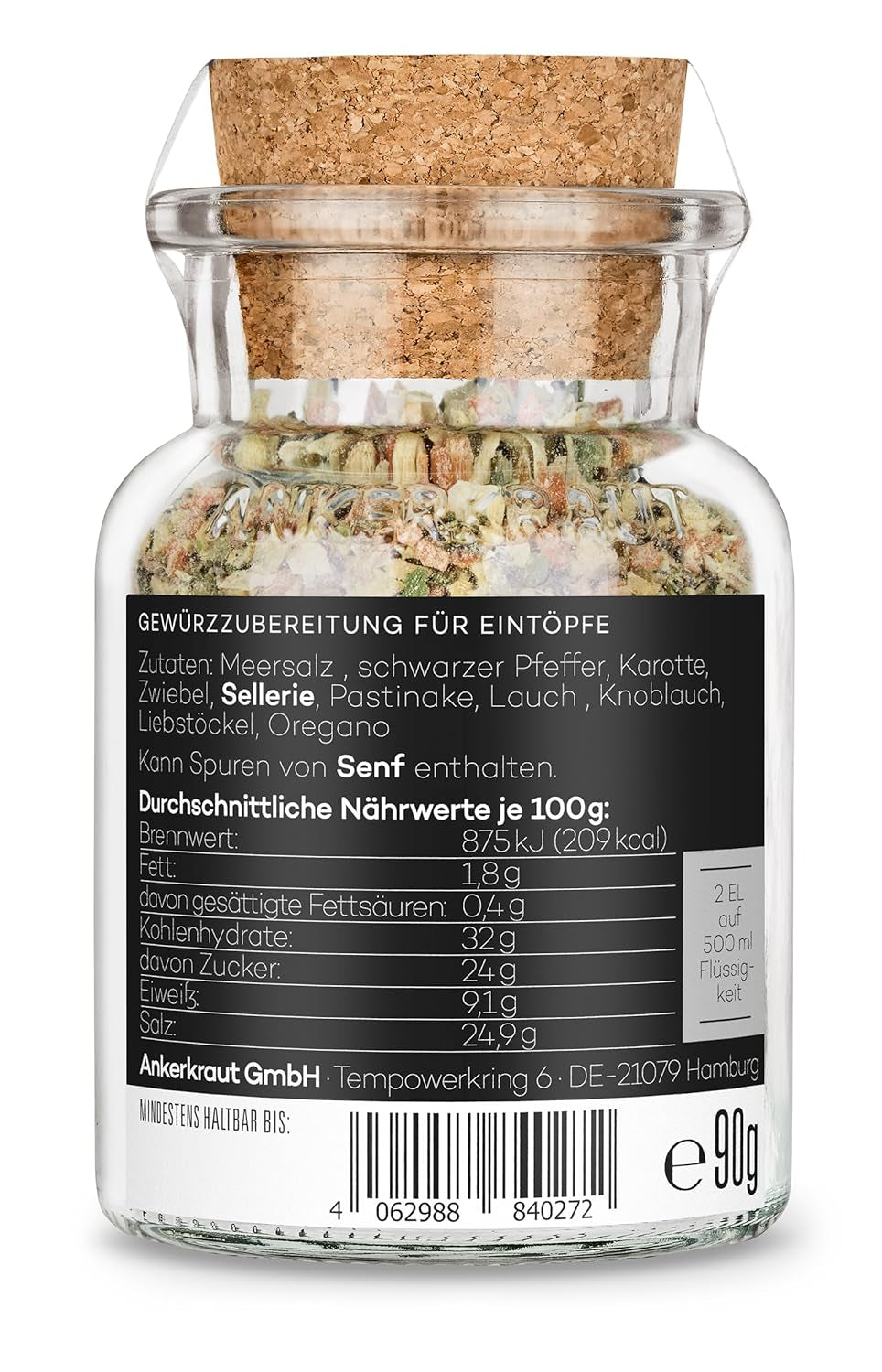 Ankerkraut Eintopf, Linsen, Bohnen und Gemüse, Gewürz-Mischung, Vielfalt für jeden Geschmack, ohne Geschmacksverstärker, lecker schmecker, 90 g im Korkenglas