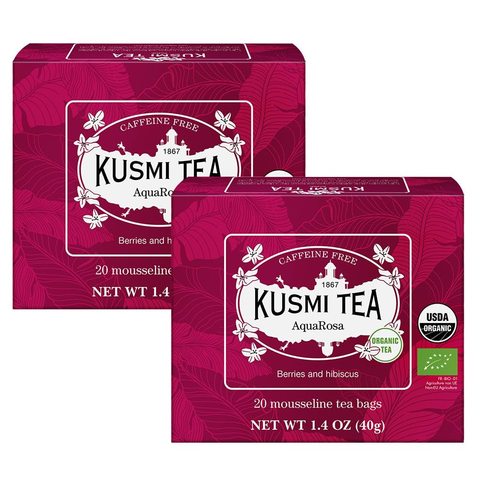 Kusmi Tea - pachet de 2 - Aquaexotica + Aquarosa - ceai de hibiscus cu mere, măceșe și fructe de pădure negre - ceai de fructe organic fără teină - se poate consuma cald sau rece - 2X20 pliculețe de ceai