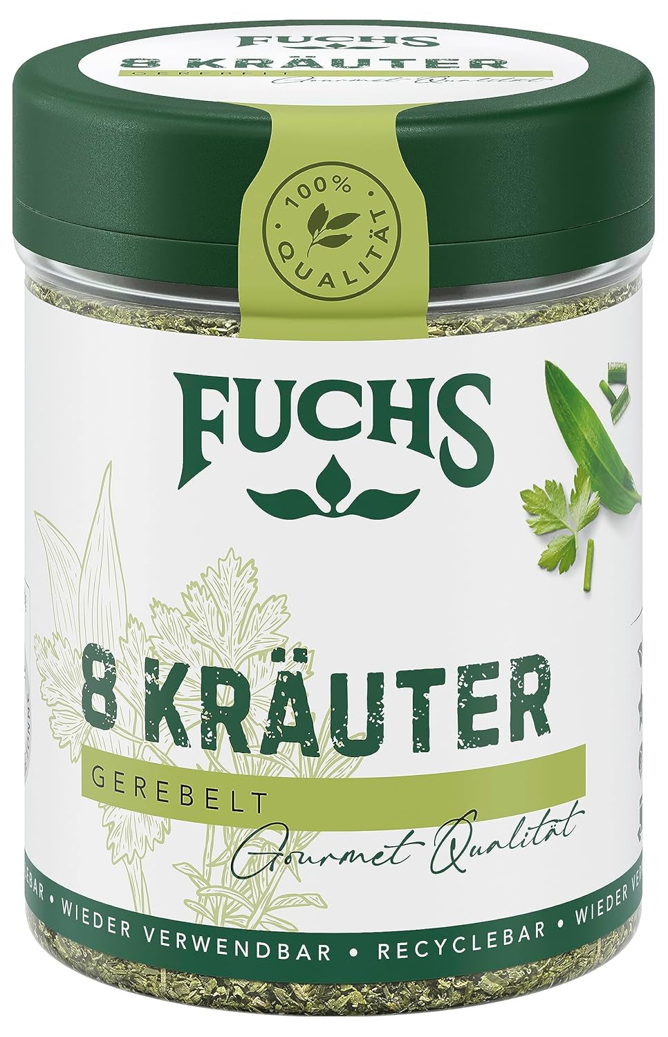 Fuchs Gewürze - 8 Kräuter gerebelt - Kräutermischung für Marinaden, Fischgerichte oder Kräuter-Frischkäse - natürliche Zutaten - 25 g in wiederverwendbarer, recyclebarer Dose