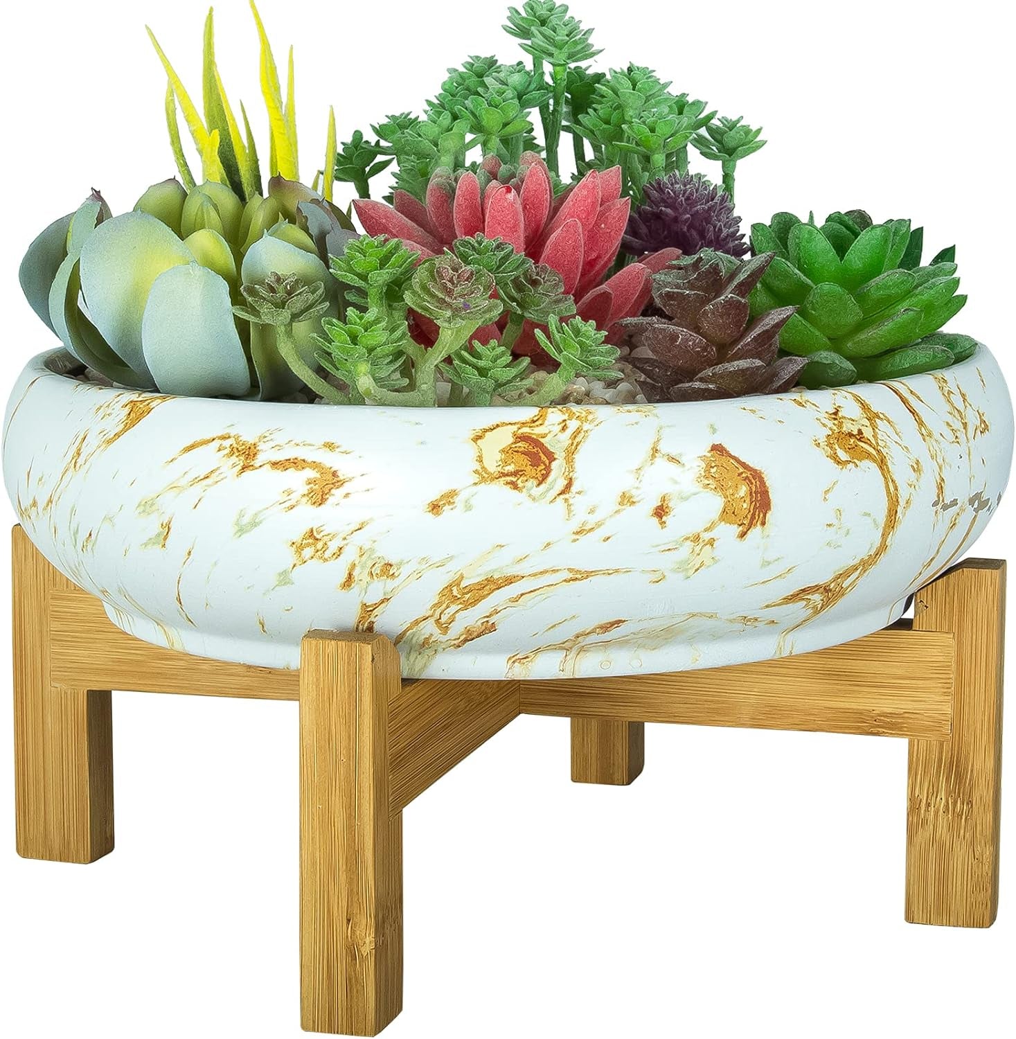 Ghiveci suculent, jardinieră mare pentru suculente cu suport, ghiveci bonsai ceramic de 25,4 cm cu drenaj, rotund, marmură, cactus, flori, jardinieră pentru interior și exterior