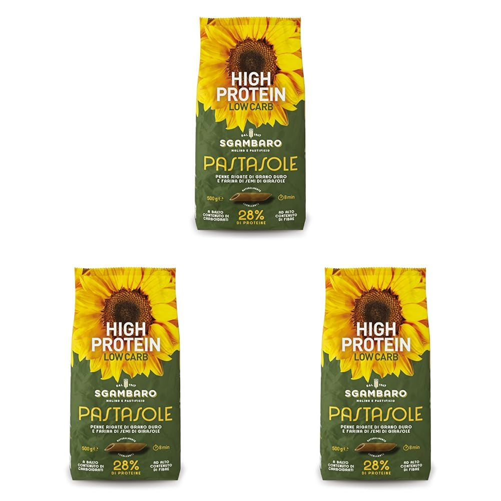 PASTASOLE, Penne Rigate cu griș de grâu dur din 100% cultivat în Italia și făină de semințe de floarea-soarelui - 500g - Bogat în proteine, conținut scăzut de carbohidrați, conținut ridicat de fibre (Pachet de 3)
