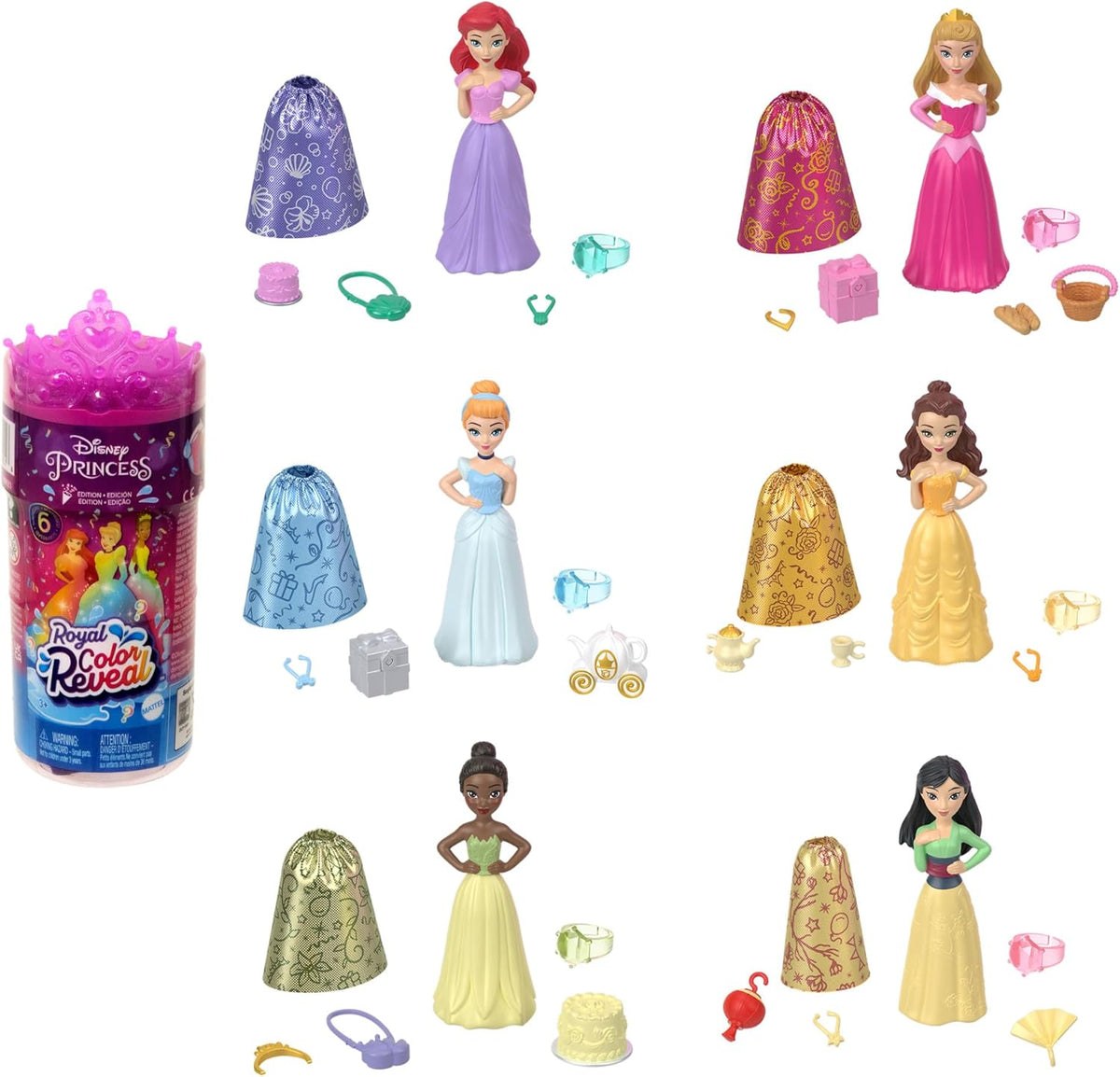Păpuși Disney Princess Color Reveal - 6 surprize, activate cu apă, accesorii, pentru copii cu vârsta de 3 ani și peste, Ariel, Tiana, Mulan, Cenușăreasa, Belle, Aurora, HPX39