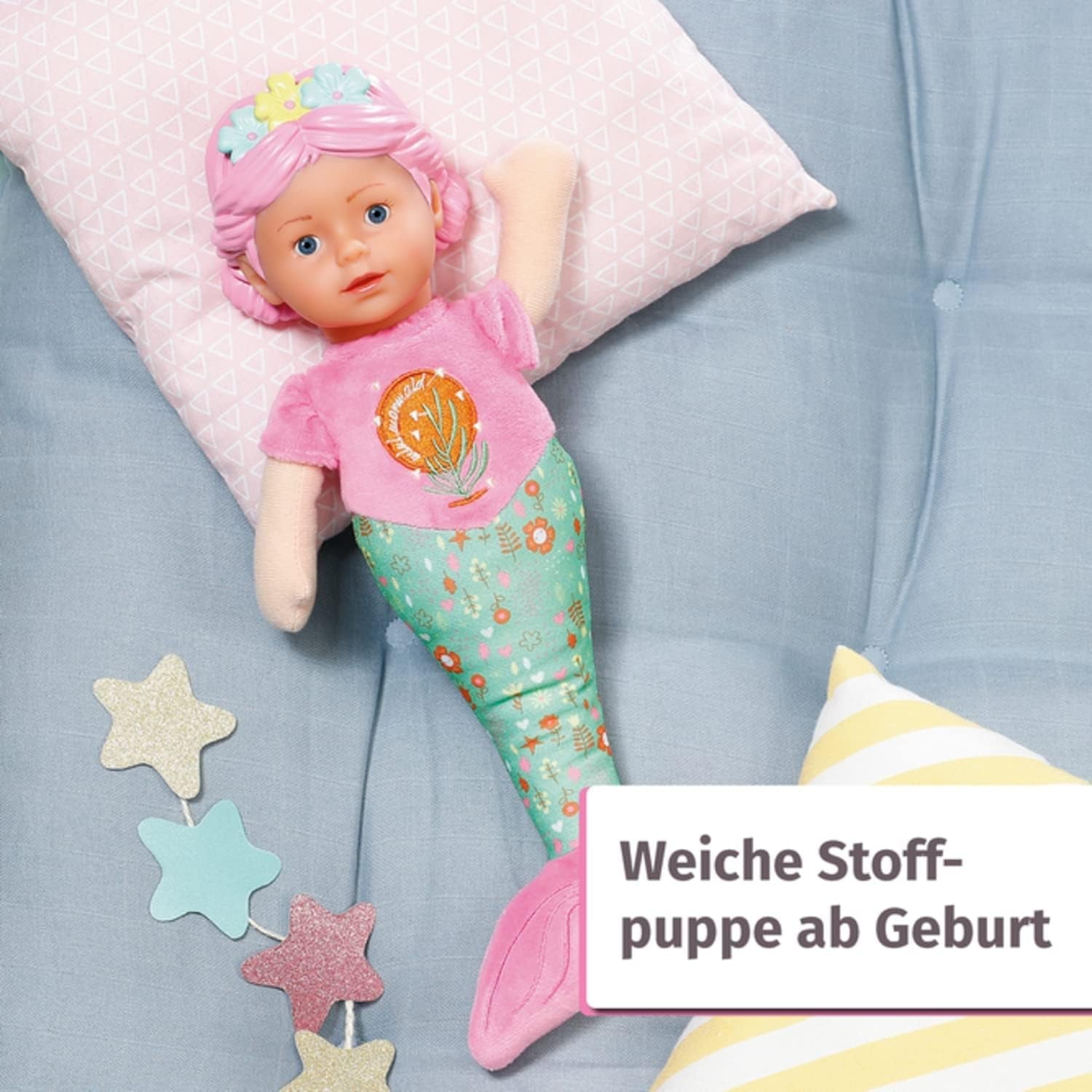 BABY born Sirenă pentru bebeluși, păpușă moale lavabilă, păpușă sirenă cu cap moale din vinil, 33 cm înălțime, 832288 Zapf Creation