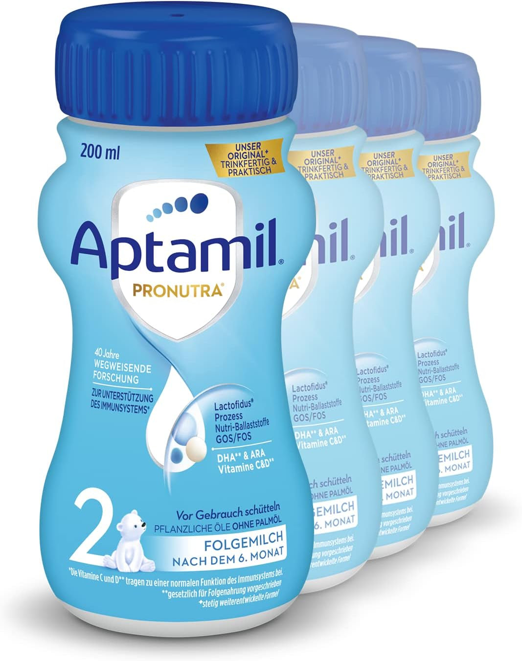 Aptamil Pronutra 2, lapte de continuare după 6 luni, lapte pentru bebeluși gata de băut (4 x 200 ml)