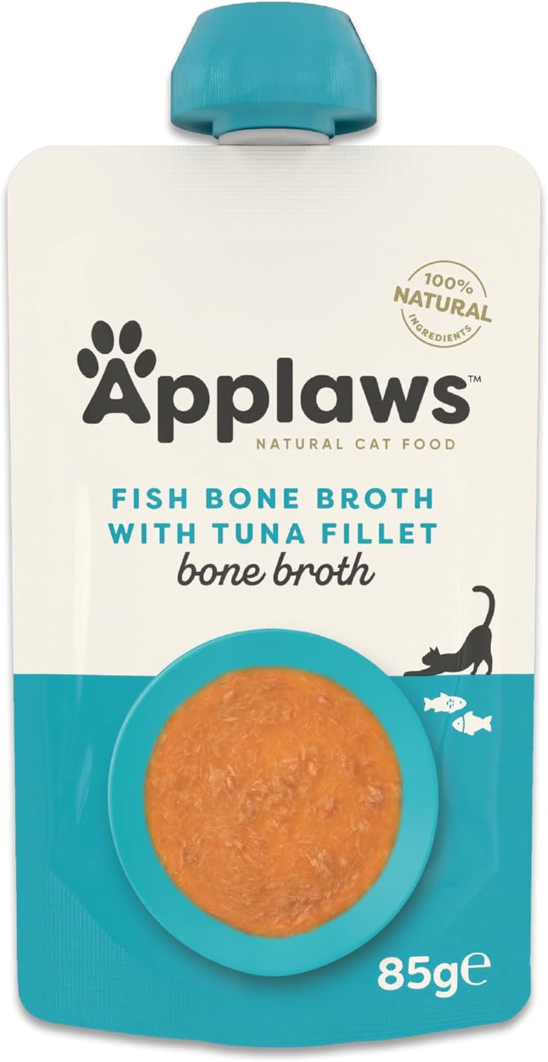 Applaws Hrană umedă 100% naturală pentru pisici – Supă de oase de pește cu ton, 12 pliculețe cu filtru x 85g
