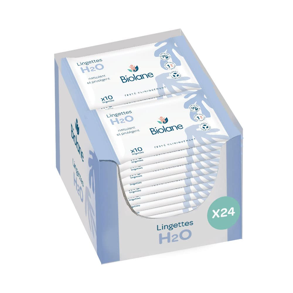 BIOLANE - Șervețele umede pentru bebeluși H2O cu apă - Buzunar - Bebeluși - 24 x 10 bucăți (240 șervețele) - pentru piele sensibilă - curăță și protejează fața și scaunul - fabricate în Franța