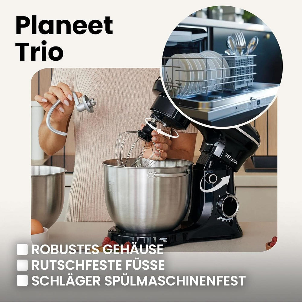 ZEEGMA PLANEET TRIO Planetenroboter, 1500 W, Multifunktionale Küchenmaschine Mit 3 Schüsseln 4 L, 4,5 L Und 5,2 L, 10 Betriebsgeschwindigkeiten, Mixer Mit Haken, Schneebesen (Schwarz) Mama si Copilul Naty Shop
