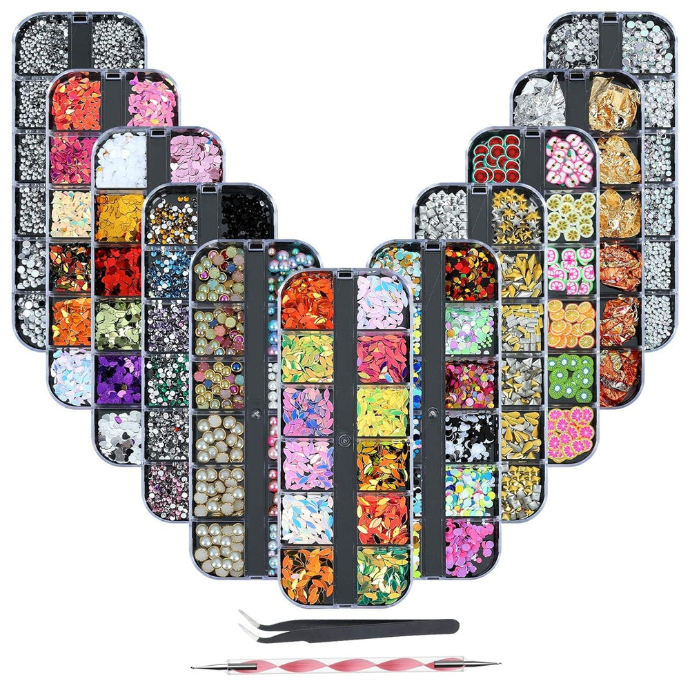 8 Boxen Nail Art Strass Kit - Nail Art Gemischt Strass Set, Nagel Kunst Strasssteine Gems Perlen Edelsteine Bunt Pferdeaugen Strass Für Nageldesign Zubehör Mit 1 Pinzetten Und 1 Strass Picker Für DIY