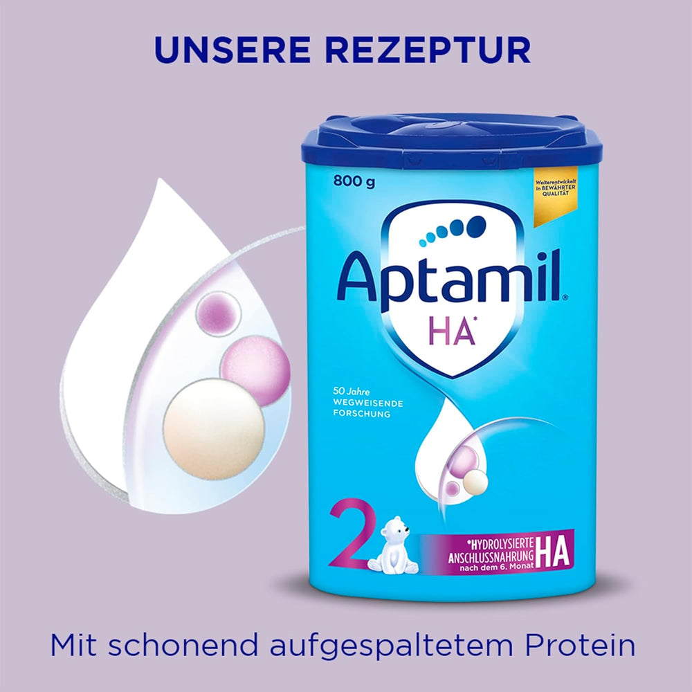 Aptamil HA 2 – Formulă de continuare după 6 luni, cu Omega 3 și 6, DHA, ARA și ALA, Fără lactoză, Fără ulei de palmier, Hrană pentru bebeluși, Lapte praf, 1 x 800g (Pachet de 4)