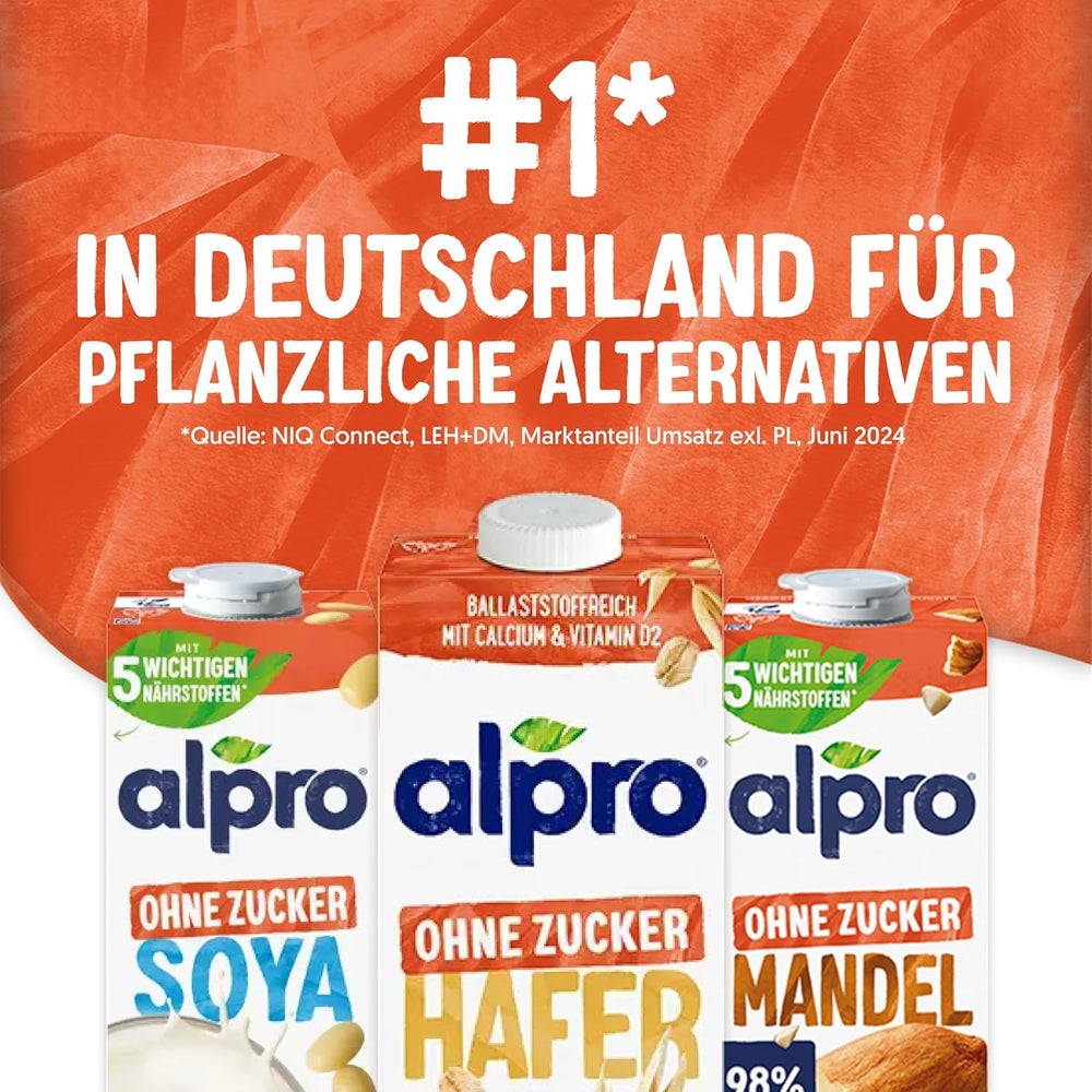 Alpro Haferdrink ohne Zucker – Milchalternative auf Haferbasis – Vegan und laktosefrei – Reich an Ballaststoffen, Calcium und Vitaminen – 8 x 1 L