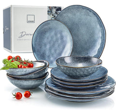 SÄNGER | Set de veselă Darwin cu 12 piese, set de veselă din gresie pentru 4 persoane, set de farfurii albastre care include farfurii de cină, farfurii de desert și farfurii de supă, set de veselă lucrat manual | COLECȚIA PREMIUM