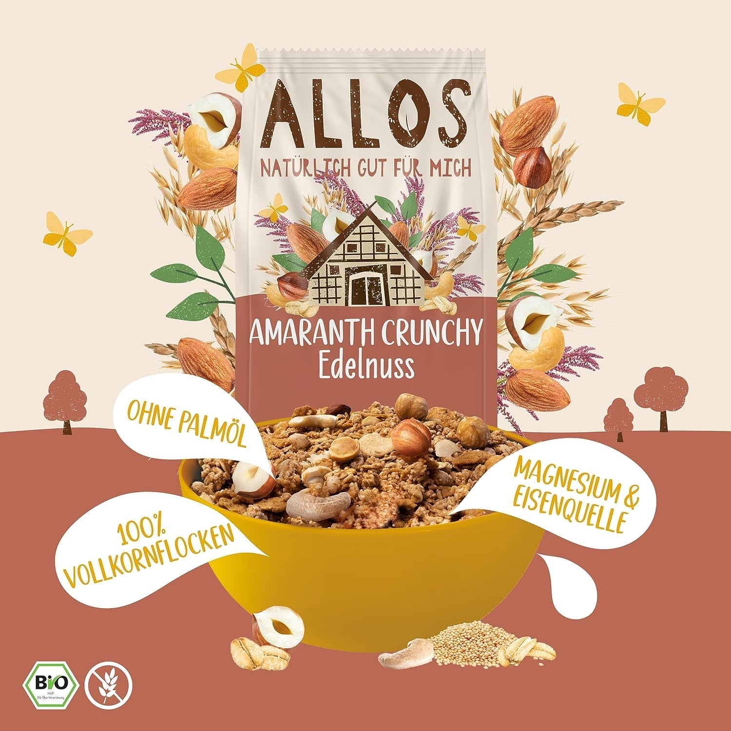 Muesli crocant premium cu nuci și amarant Allos | Muesli organic | Muesli cu nuci | Fulgi de ovăz | Cereale pentru micul dejun | Vegan | Pachet de 6 (6 x 400g)