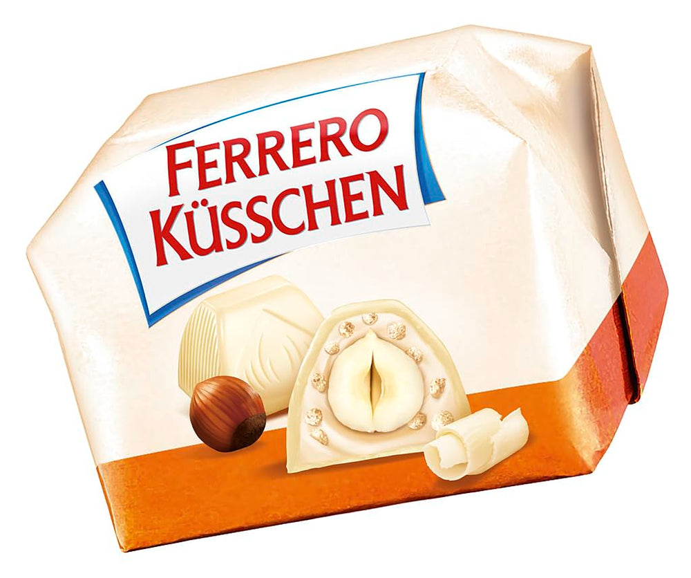 Ferrero Küsschen White Crispy – Cadou de Ziua Îndrăgostiților pentru el și ea – Alune prăjite crocante în cremă ușoară cu chipsuri crocante, acoperite cu ciocolată albă, 1 pachet de 20 de praline individuale