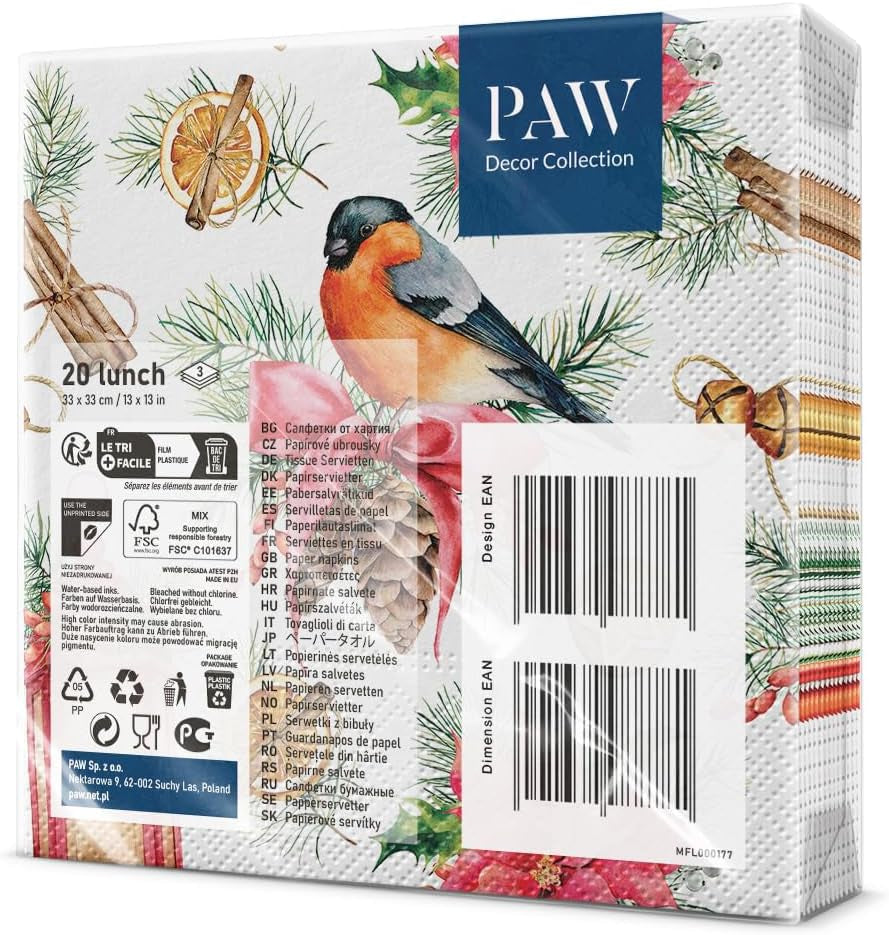 PAW - Șervețele 3 straturi (33 X 33 Cm) I 20 bucăți I Șervețele de hârtie colorate perfecte pentru masa de Crăciun I Șervețele - Crăciun, iarnă, ciulin, lampă I Bullfinch cu lampion