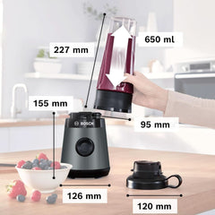 Bosch Mini-Standmixer Vitapower Serie 2 MMB2111S, Highspeed-Mixer, Bis Zu 40.000 Rpm, Tritan Togo-Flasche 0,6 L, Trinkdeckel, Bruchsicher,Spülmasch.Geeignete Teile, 450W, Silber/Schwarz Bucatarie Naty Shop
