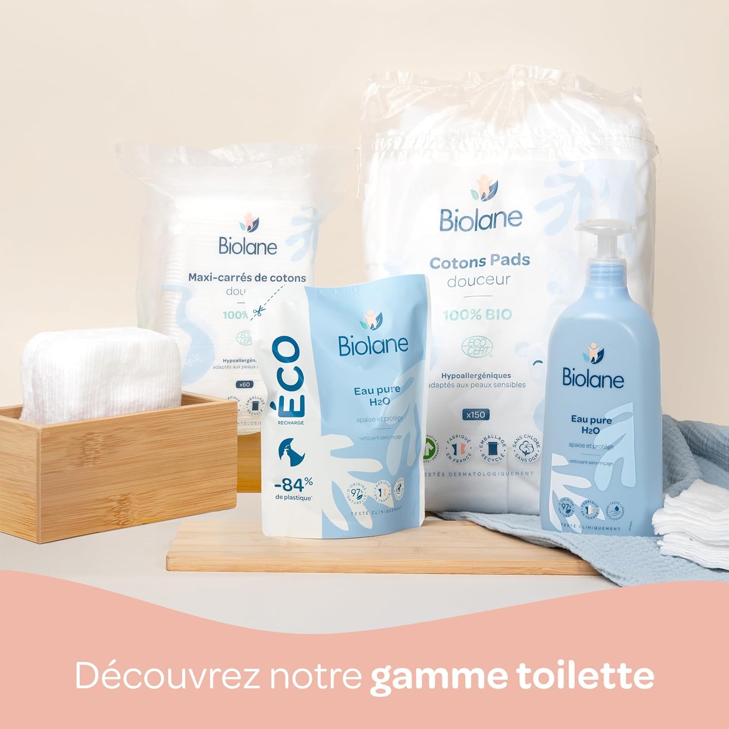 BIOLANE 12 Dischete umede Maxi-Squares – Bebeluși – 100% Organic – 720 Bumbac – pentru piele sensibilă – Schimb și Toaletă – de la naștere – fabricate în Franța