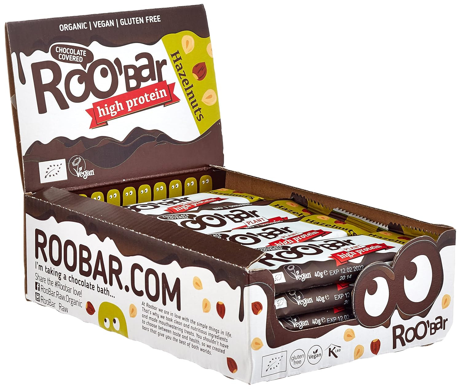 Batoane cu alune de pădure bogate în proteine și glazură de ciocolată – 100% organice, vegane, batoane cu fructe, fără lactate și gluten, fără zahăr rafinat – 16 batoane x 40g