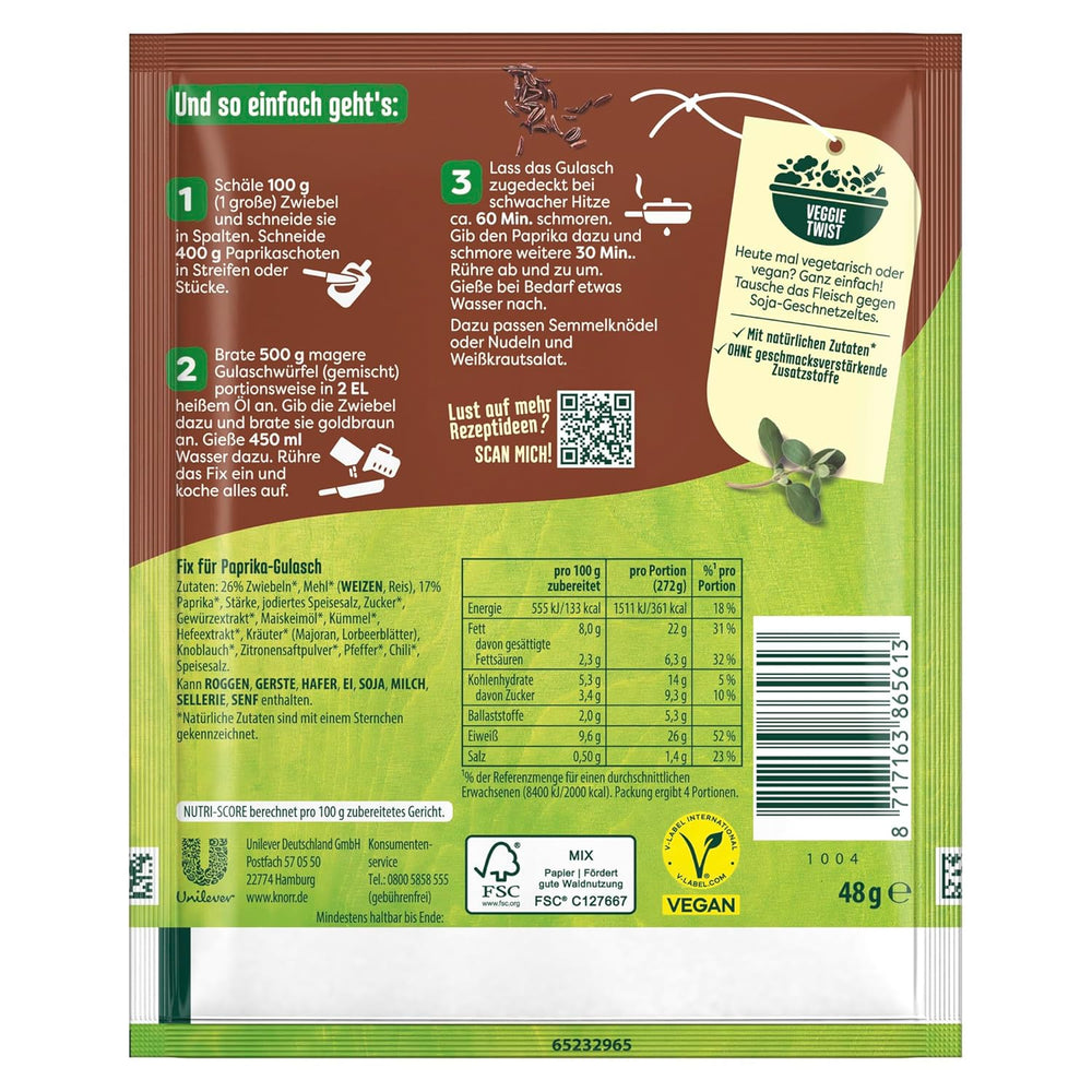 Knorr Fix Würzmischung Paprika-Gulasch für eine leckeres Fleischgericht mit natürlichen Zutaten 4 Portionen
