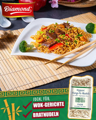 Tăiței DIAMOND Hsing-Fu, tăiței asiatici Mie din făină de grâu pentru mâncăruri prăjite în wok și la wok - 12 x 250 g