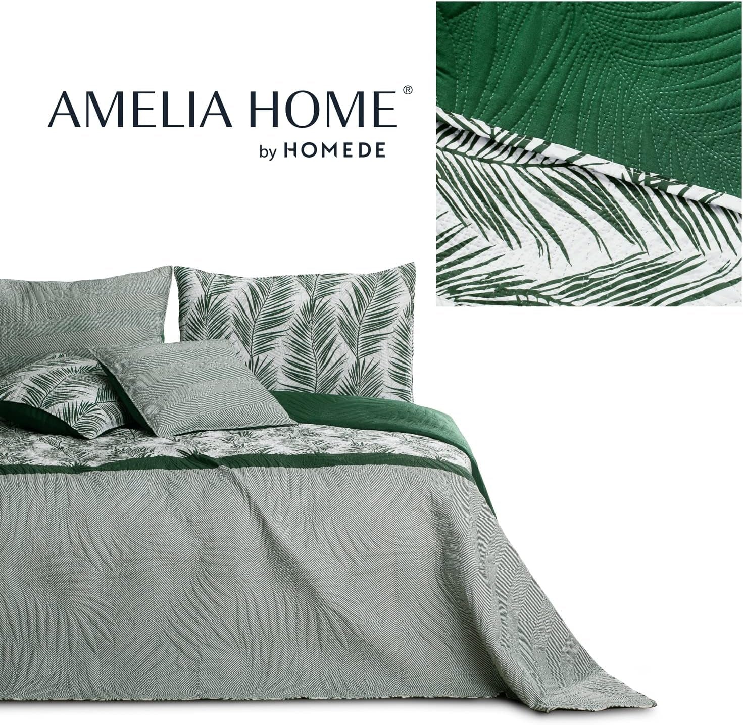 Ameliahome Cuvertură de pat Cuvertură de pat 170X210 Cm Două fețe Ușor de îngrijit Cuvertură de pat Model de plante Verde Alb Tropical Bonaire Paturi si Cuverturi Besuche den AmeliaHome-Store
