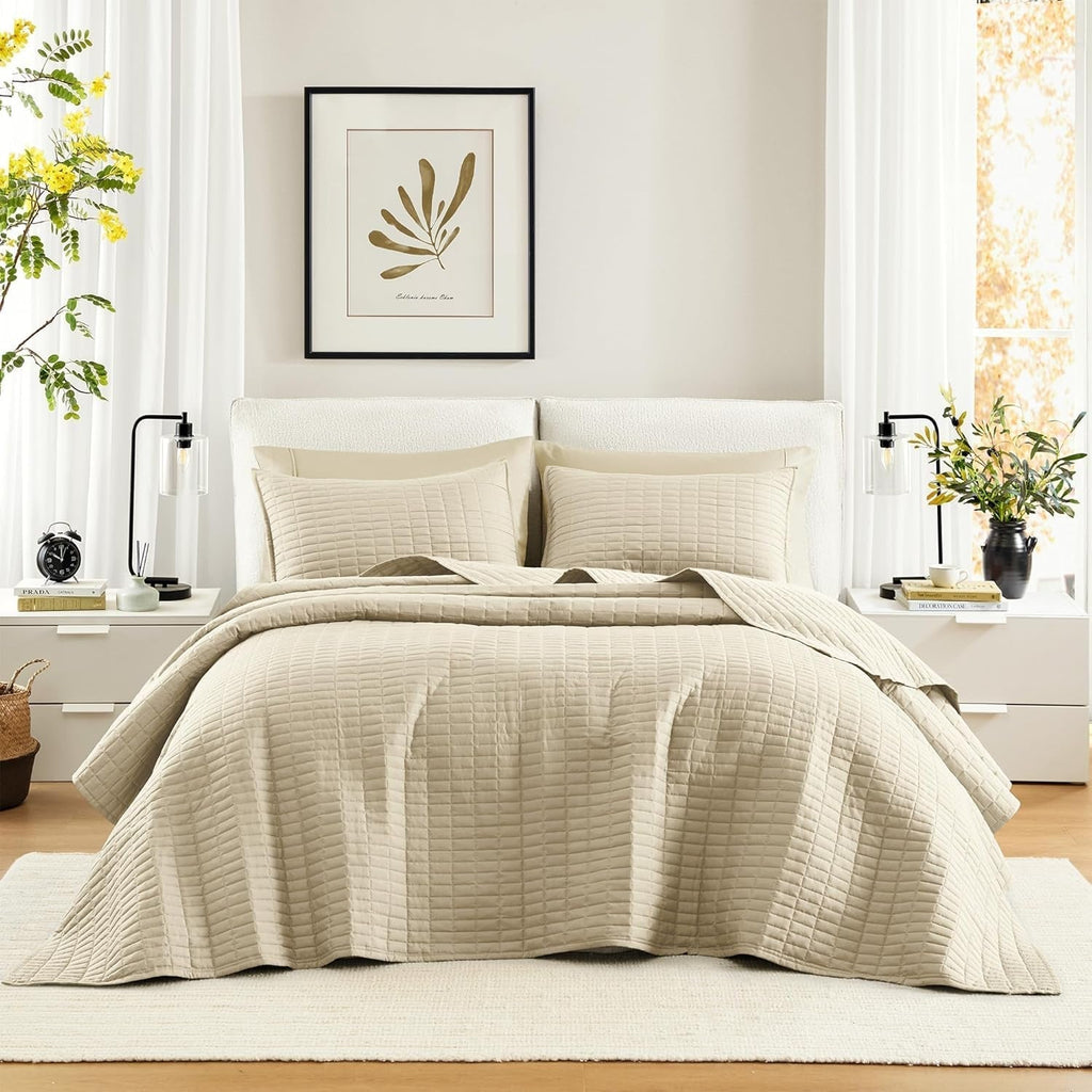Comfort Spaces Kienna Quilt Set, cusături duble de lux, pătură de vară, ușoară, moale, lenjerie de pat pe tot parcursul anului, față de pernă asortată, albă, pătură pentru paturi King Size (264.2 X 228.6 Cm), Plapumi si pilote Naty Shop Culoare fildeș Dimensiune rege