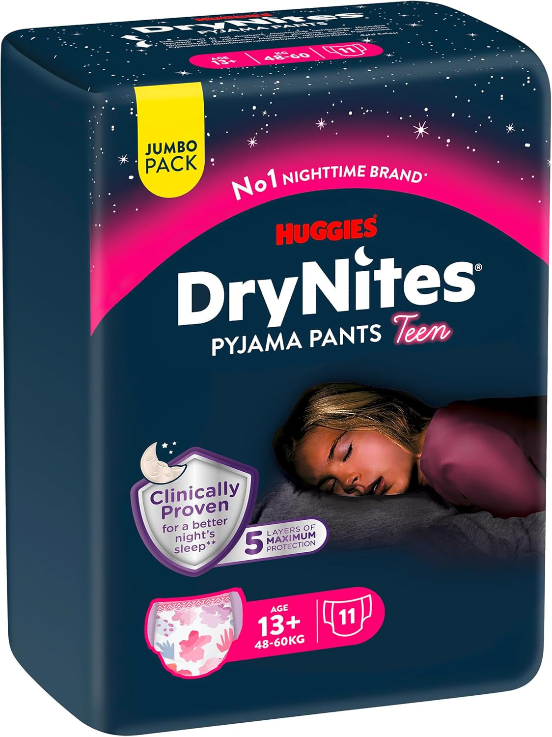 Scutece Huggies DryNites Nighttime pentru enurezis, pentru fete cu vârsta cuprinsă între 13 și aproximativ 17 ani (48-60 kg), 33 de bucăți (3 x 11), pachet lunar Jumbo, chiloți de scutece XL